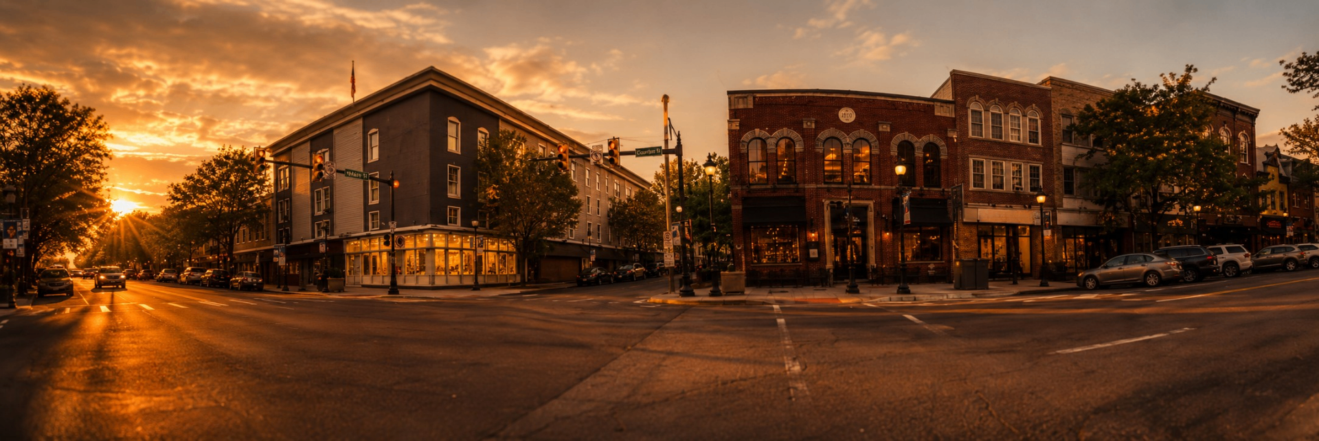 Panoramic view of downtown Stroudsburg Main Street at golden hour
