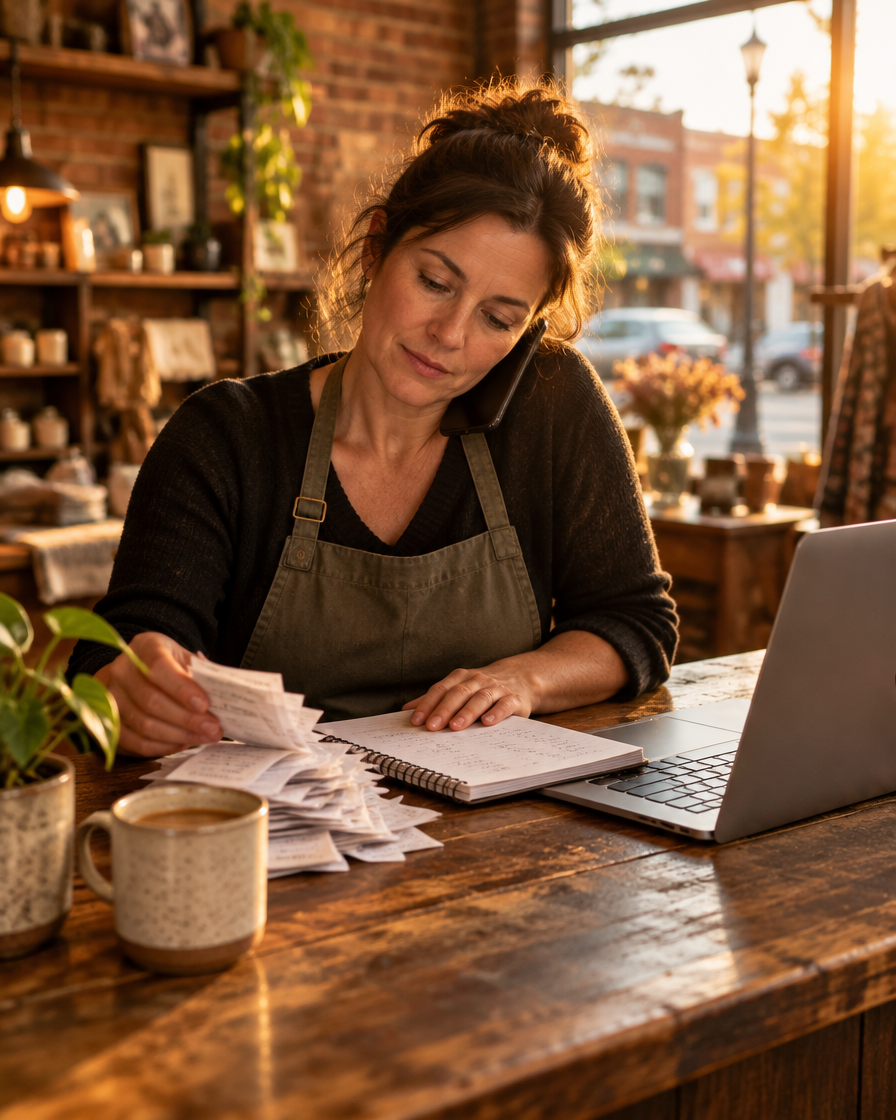 A shop owner reviewing receipts and marketing results beside her laptop