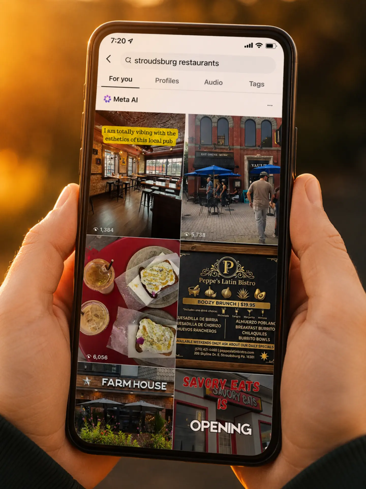 Phone displaying Instagram search results for Stroudsburg restaurants