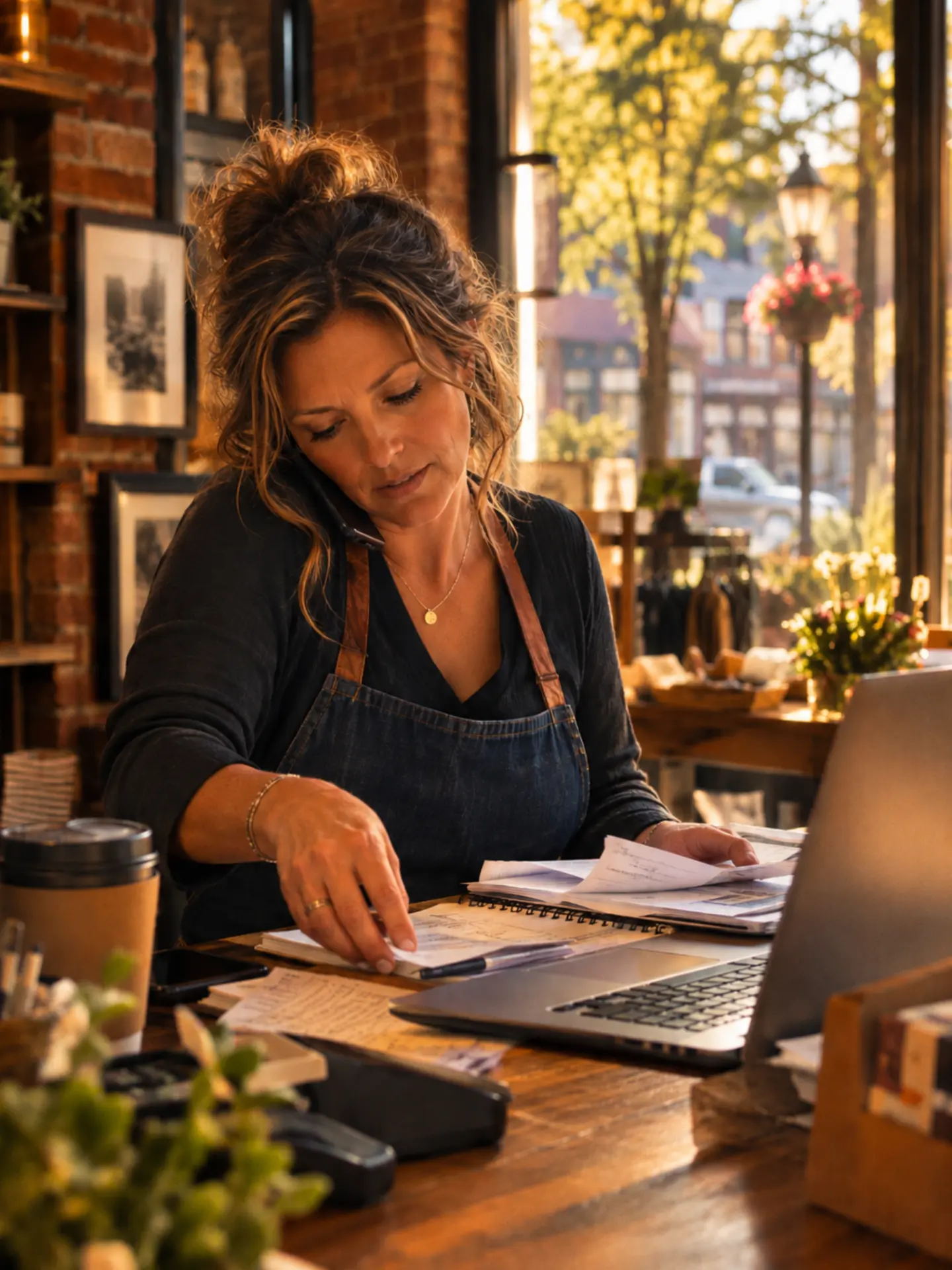 A busy Stroudsburg shop owner managing paperwork and a laptop — The Pocono Pulse