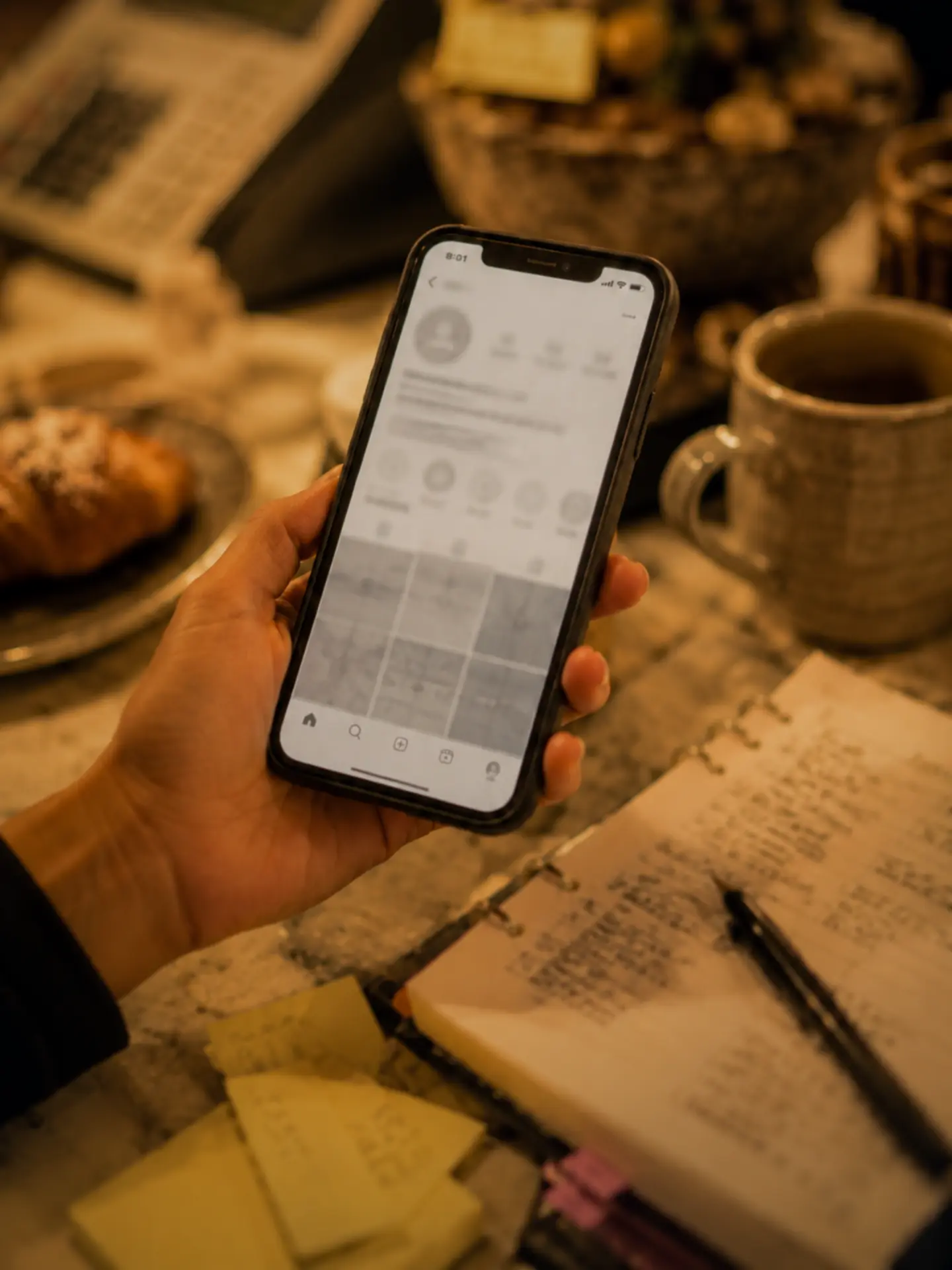 A business owner checking a dormant Instagram account beside a notebook — The Pocono Pulse