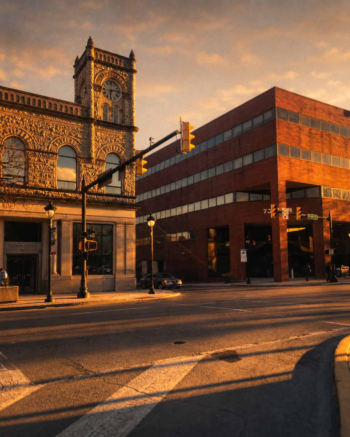 The historic clock tower in downtown Stroudsburg, Pennsylvania