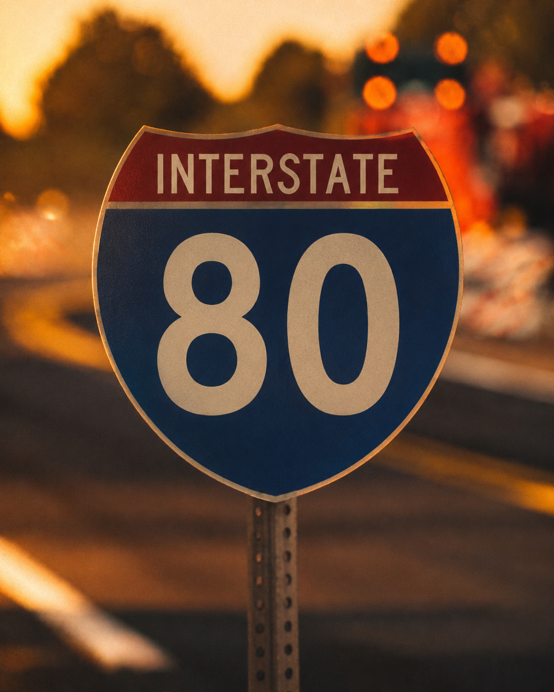 Interstate 80 highway sign at sunset, marking the ongoing PennDOT reconstruction in the Poconos